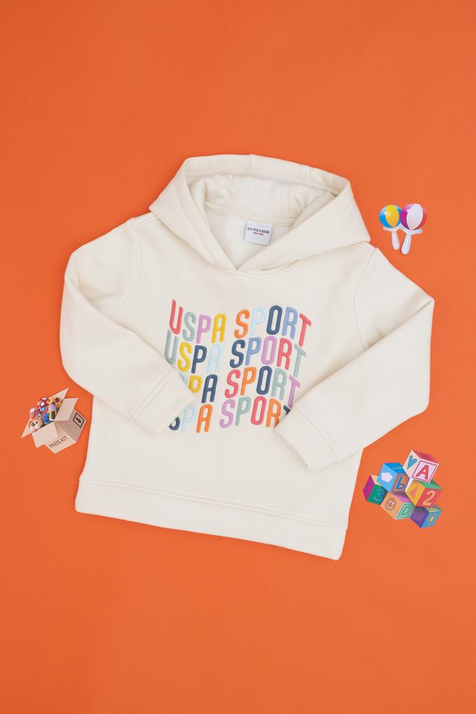 Kız Çocuk Krem Renkli Logolu Kapüşonlu Sweatshirt