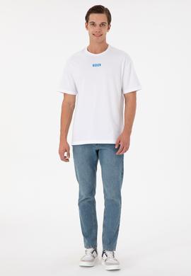 Erkek Oversize Fit Bisiklet Yaka Beyaz Tişört - 50289280019