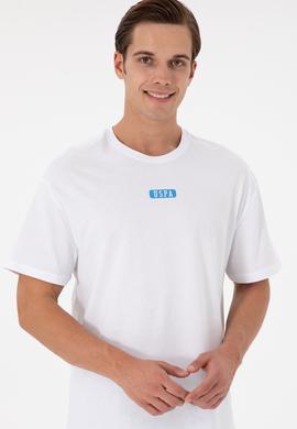 Erkek Oversize Fit Bisiklet Yaka Beyaz Tişört - 50289280019