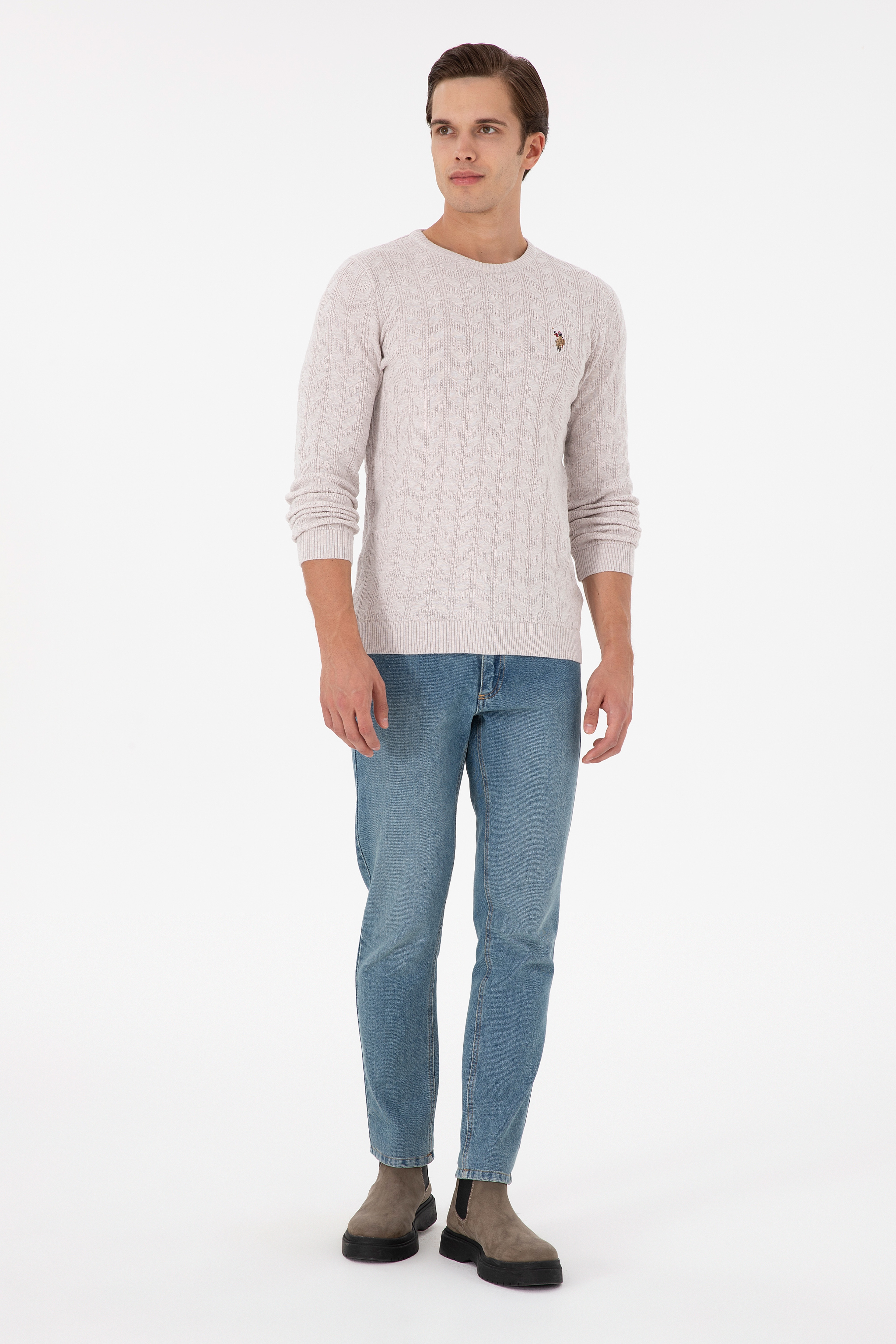 Erkek Slim Fit Bisiklet Yaka Taş Melanj Basic Kazak - Image 4