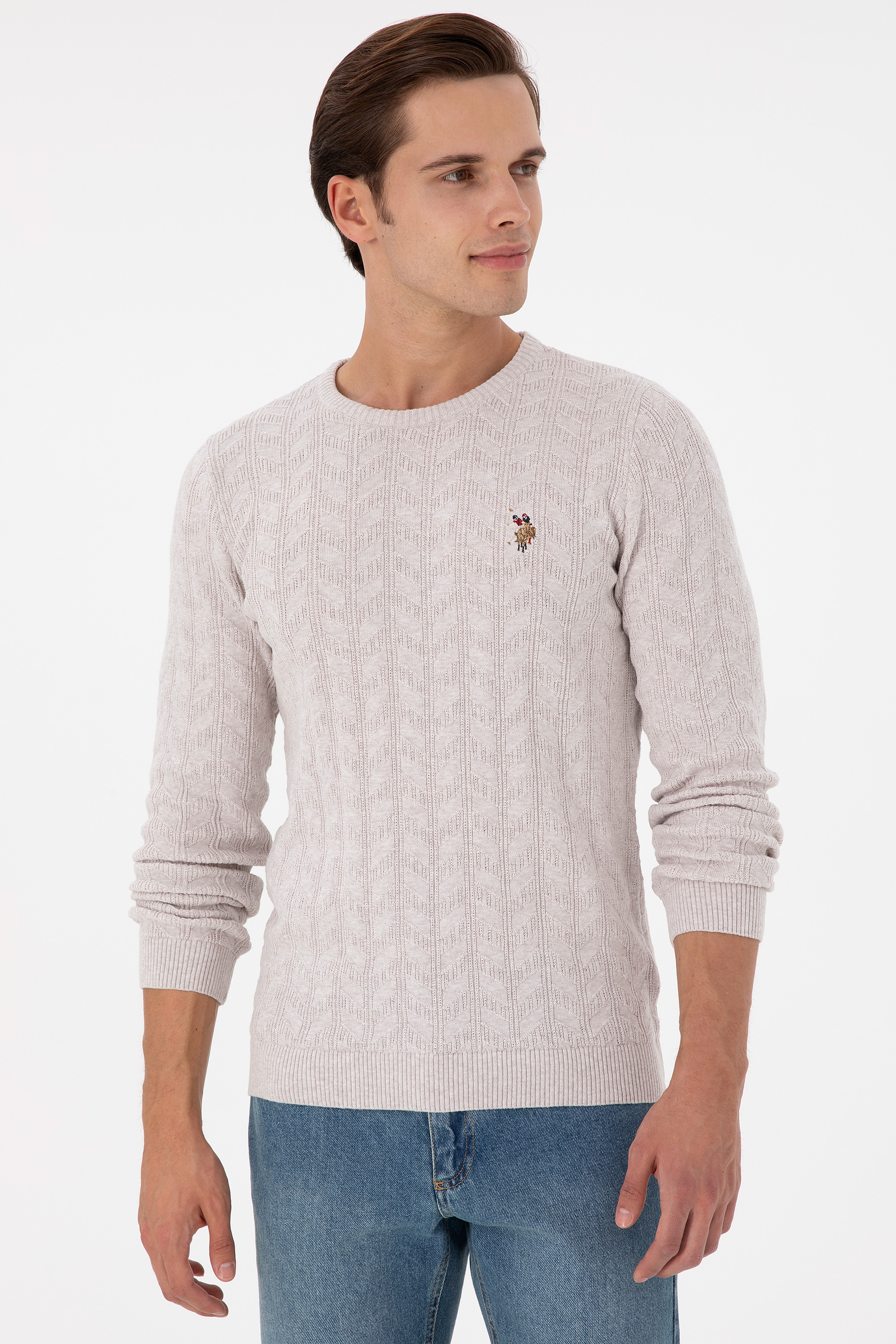 Erkek Slim Fit Bisiklet Yaka Taş Melanj Basic Kazak - Image 3