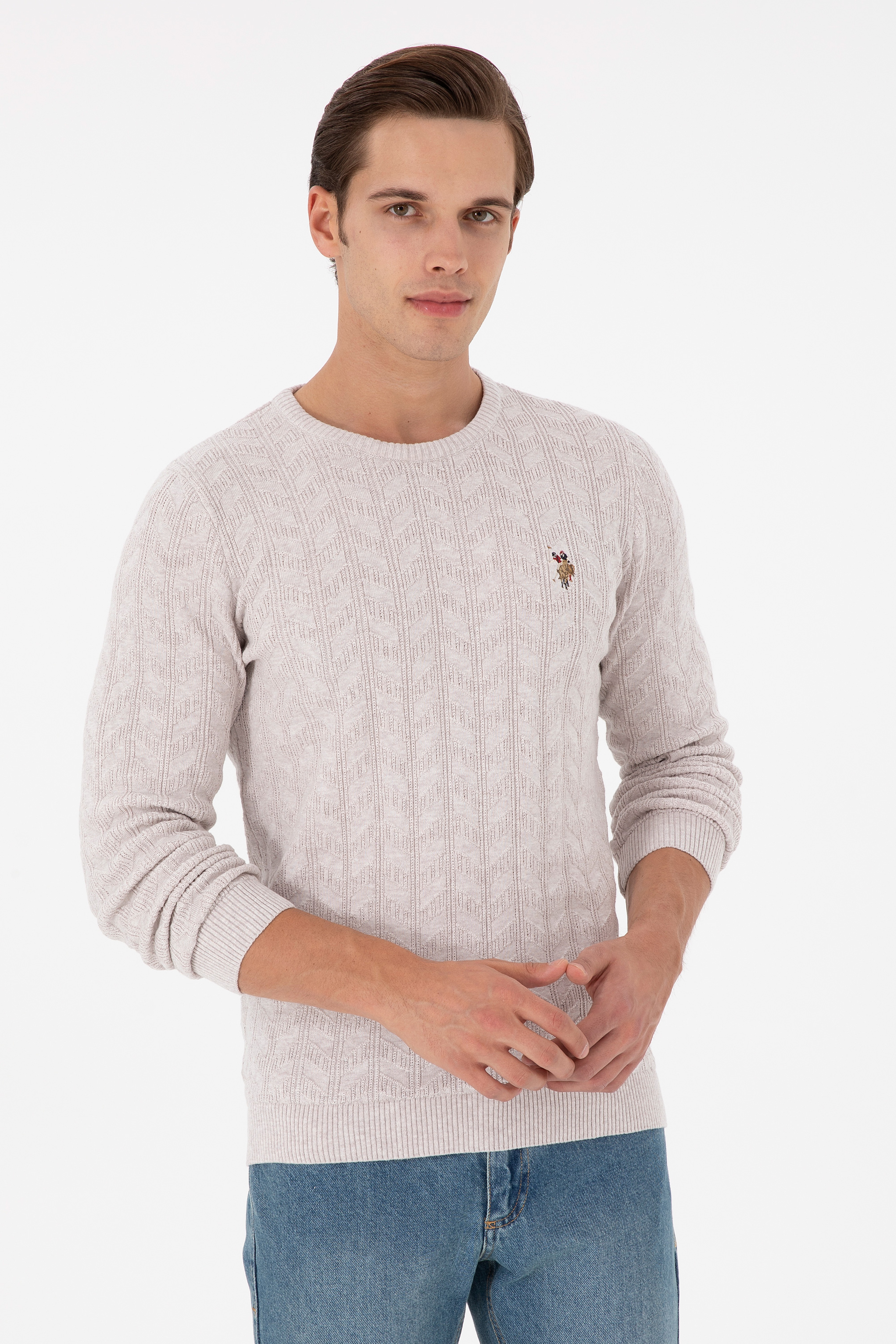 Erkek Slim Fit Bisiklet Yaka Taş Melanj Basic Kazak - Image 1