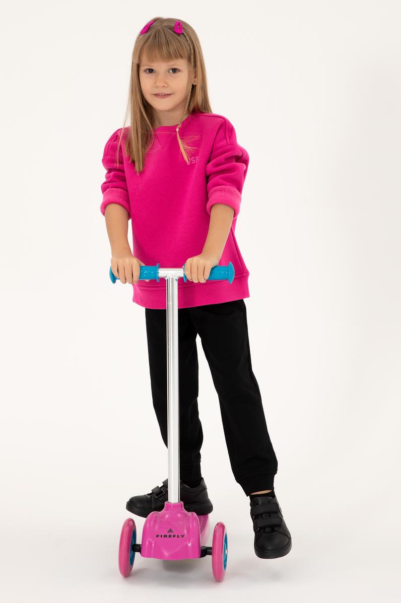 Kız Çocuk Fuşya Şardonlu Bisiklet Yaka Basic Sweatshirt