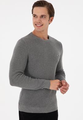 Erkek Slim Fit Bisiklet Yaka Gri Melanj Basic Kazak - 50298282065