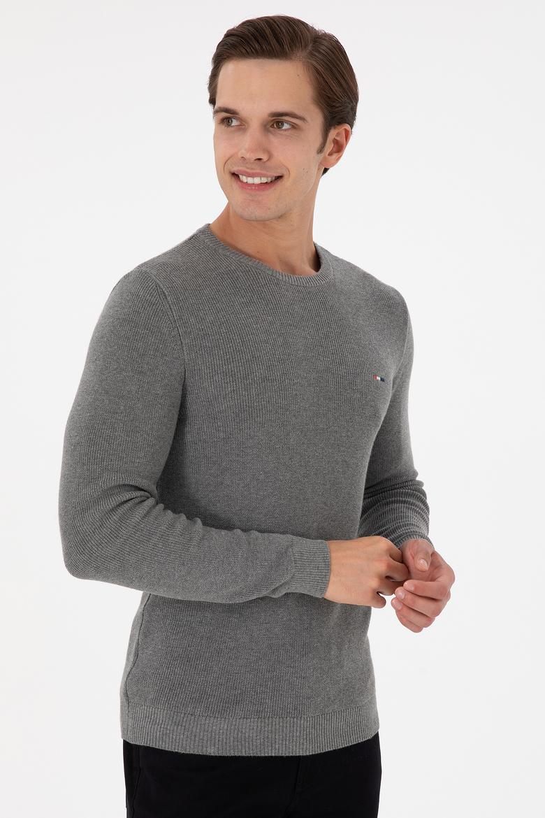 Erkek Slim Fit Bisiklet Yaka Gri Melanj Basic Kazak - 50298282065