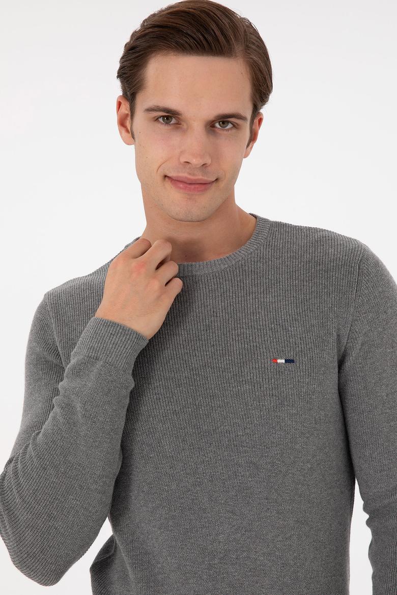 Erkek Slim Fit Bisiklet Yaka Gri Melanj Basic Kazak - 50298282065