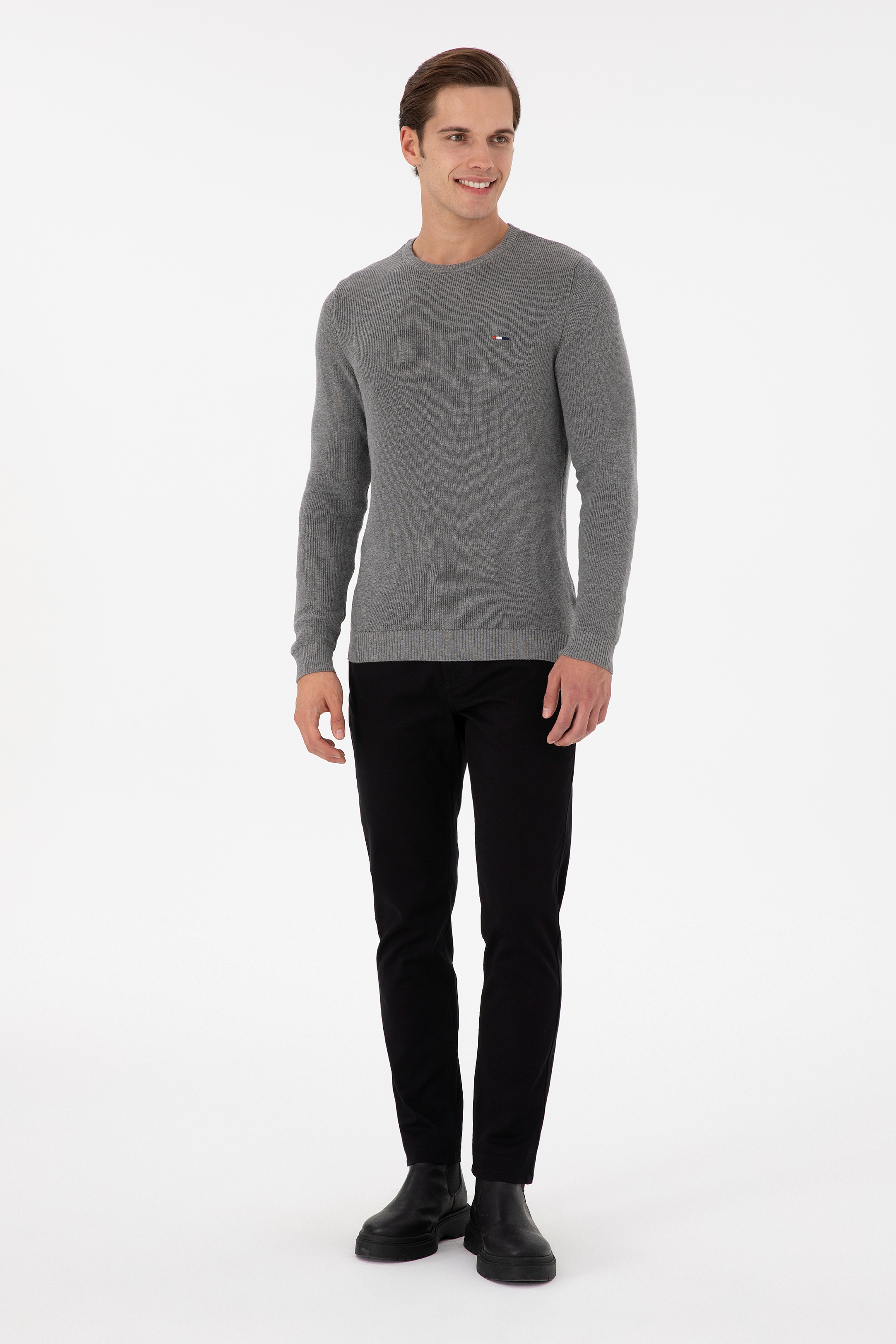 Erkek Slim Fit Bisiklet Yaka Gri Melanj Basic Kazak