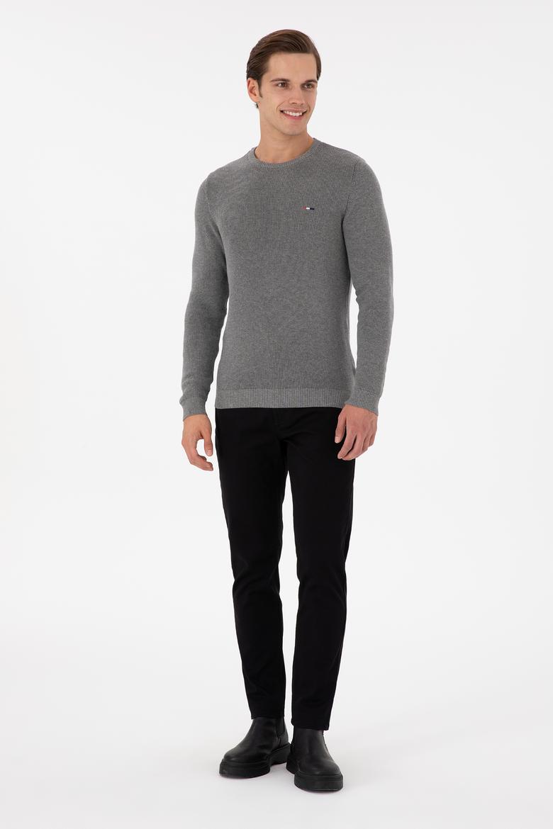 Erkek Slim Fit Bisiklet Yaka Gri Melanj Basic Kazak - 50298282065