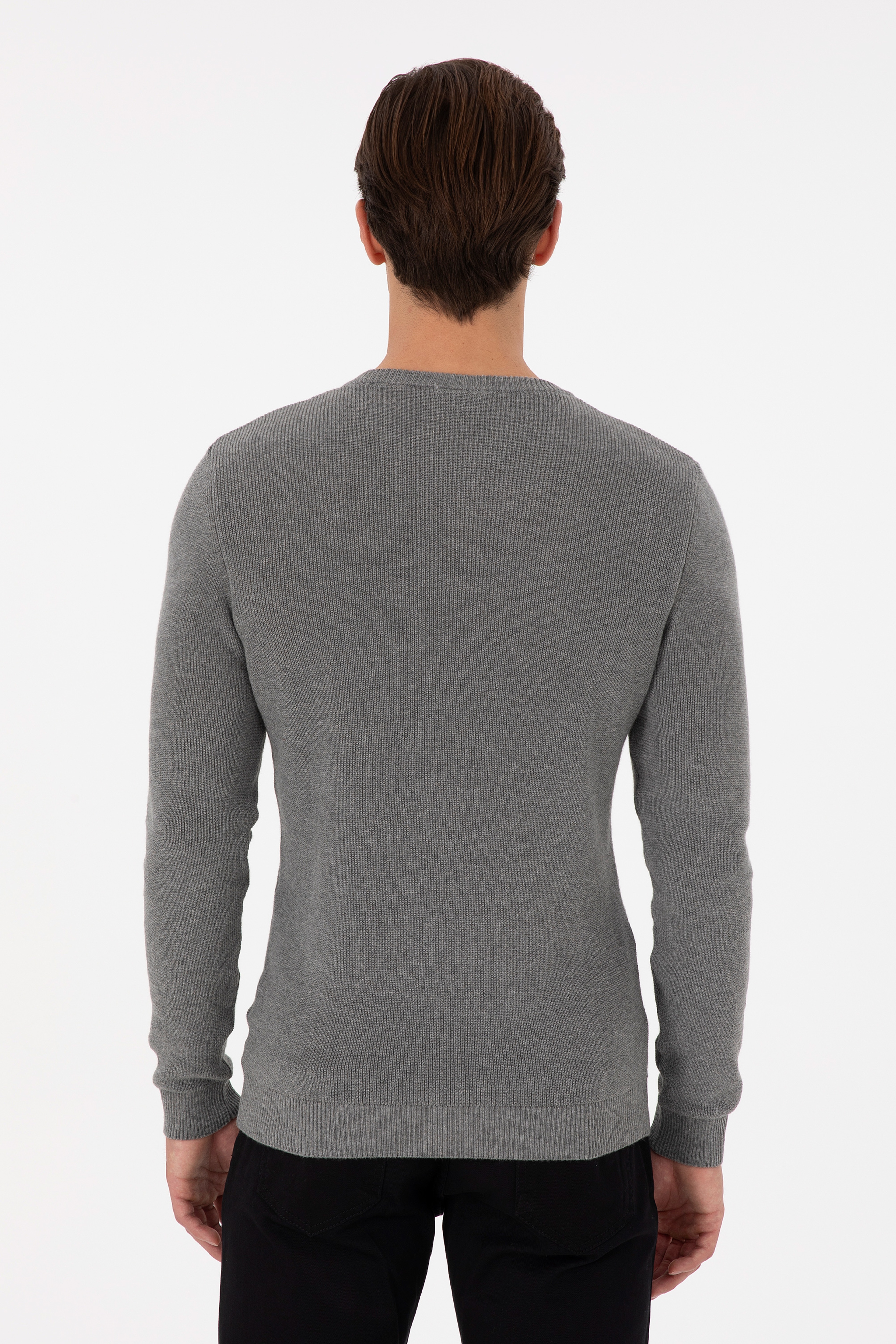 Erkek Slim Fit Bisiklet Yaka Gri Melanj Basic Kazak