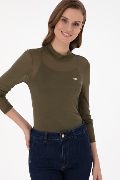 Kadın Haki Balıkçı Yaka Sweatshirt