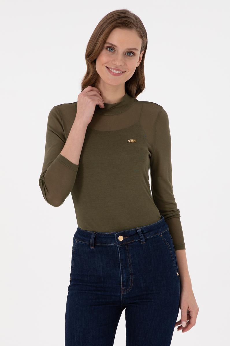 Kadın Haki Balıkçı Yaka Sweatshirt