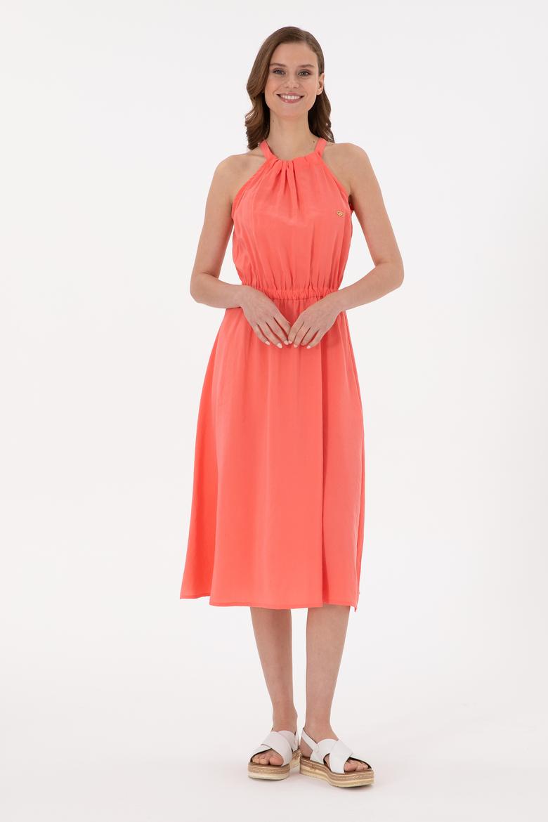 Kadın Nar Çiçeği Midi Boy Dokuma Elbise