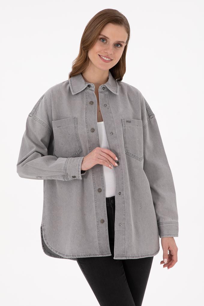 Kadın Gri Jean Tunik Gömlek