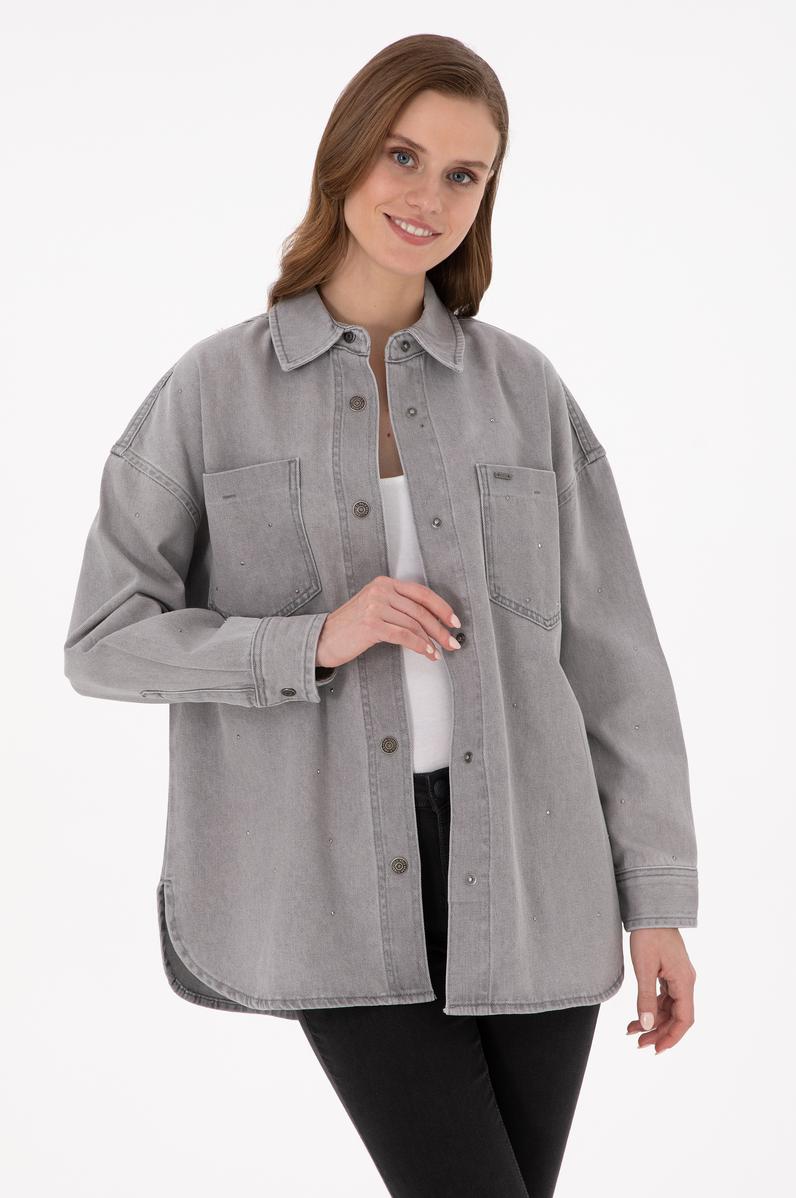 Kadın Gri Jean Tunik Gömlek