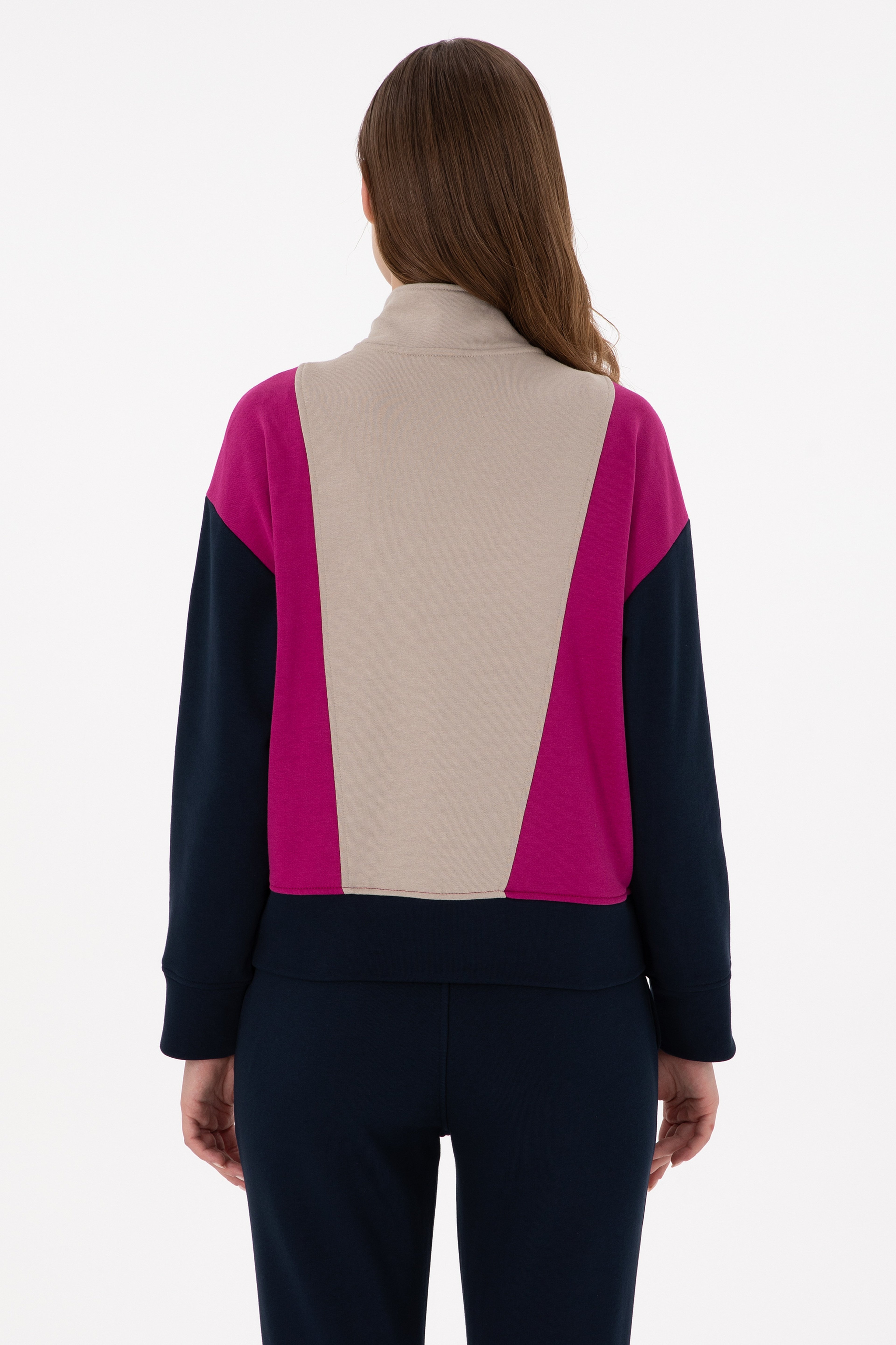 Kadın Fuşya Dik Yaka Fermuarlı Sweatshirt - Image 5