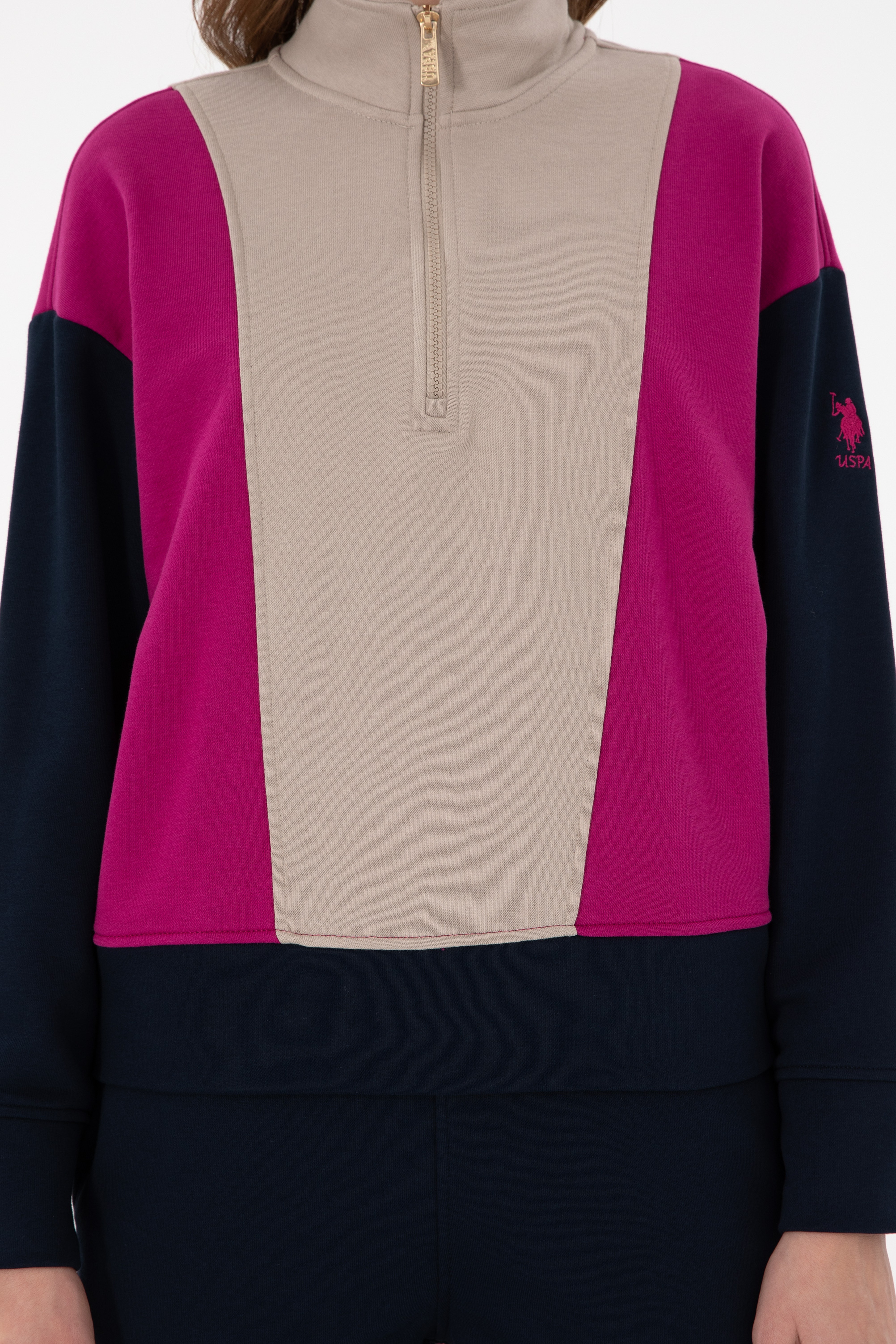 Kadın Fuşya Dik Yaka Fermuarlı Sweatshirt