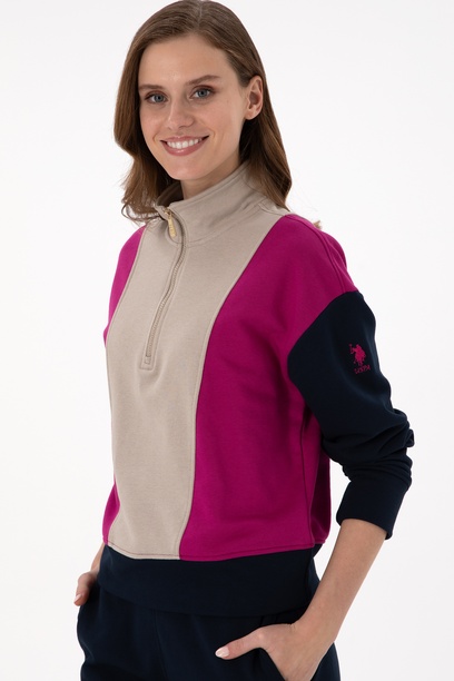 Kadın Fuşya Dik Yaka Fermuarlı Sweatshirt