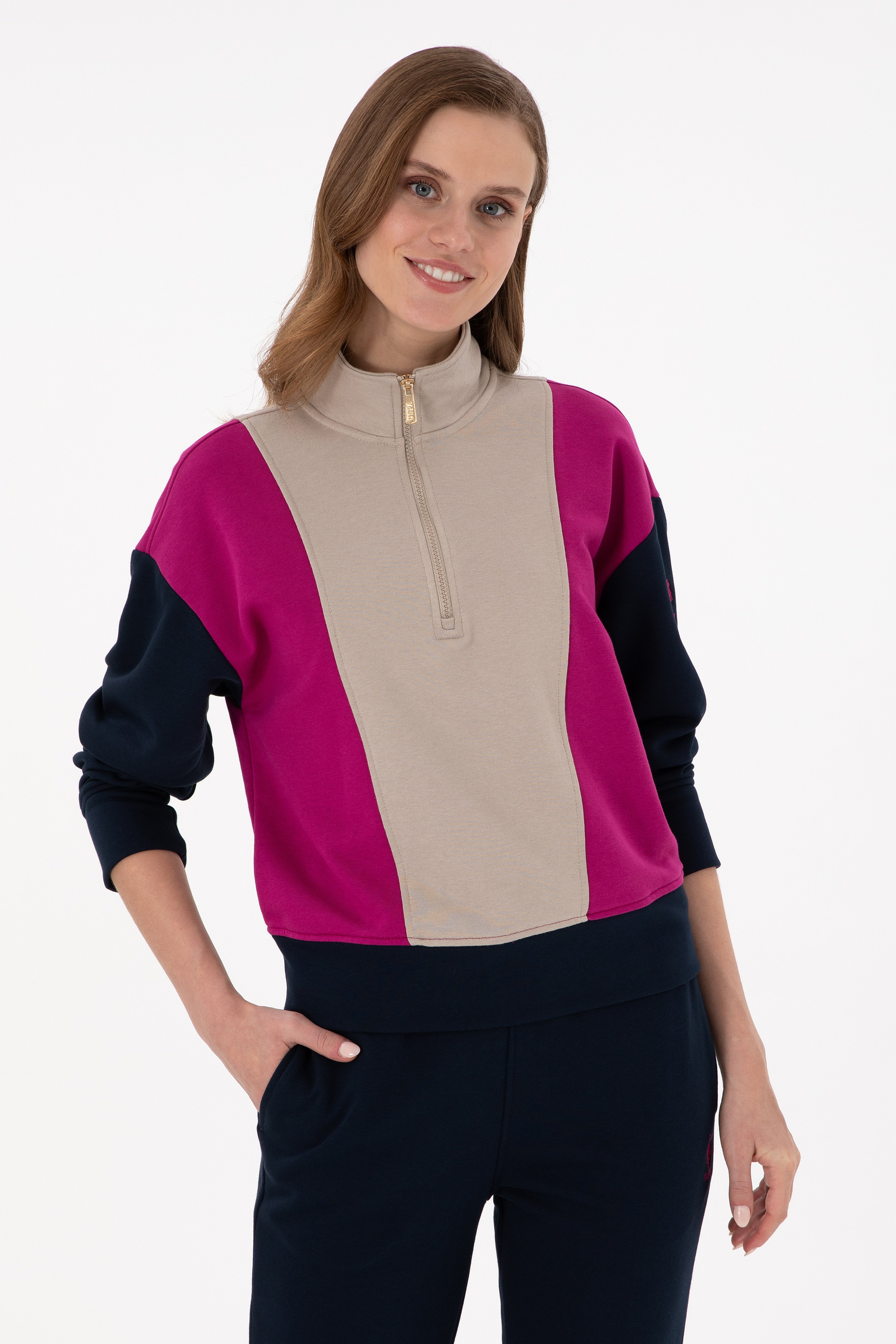 Kadın Fuşya Dik Yaka Fermuarlı Sweatshirt - Image 1