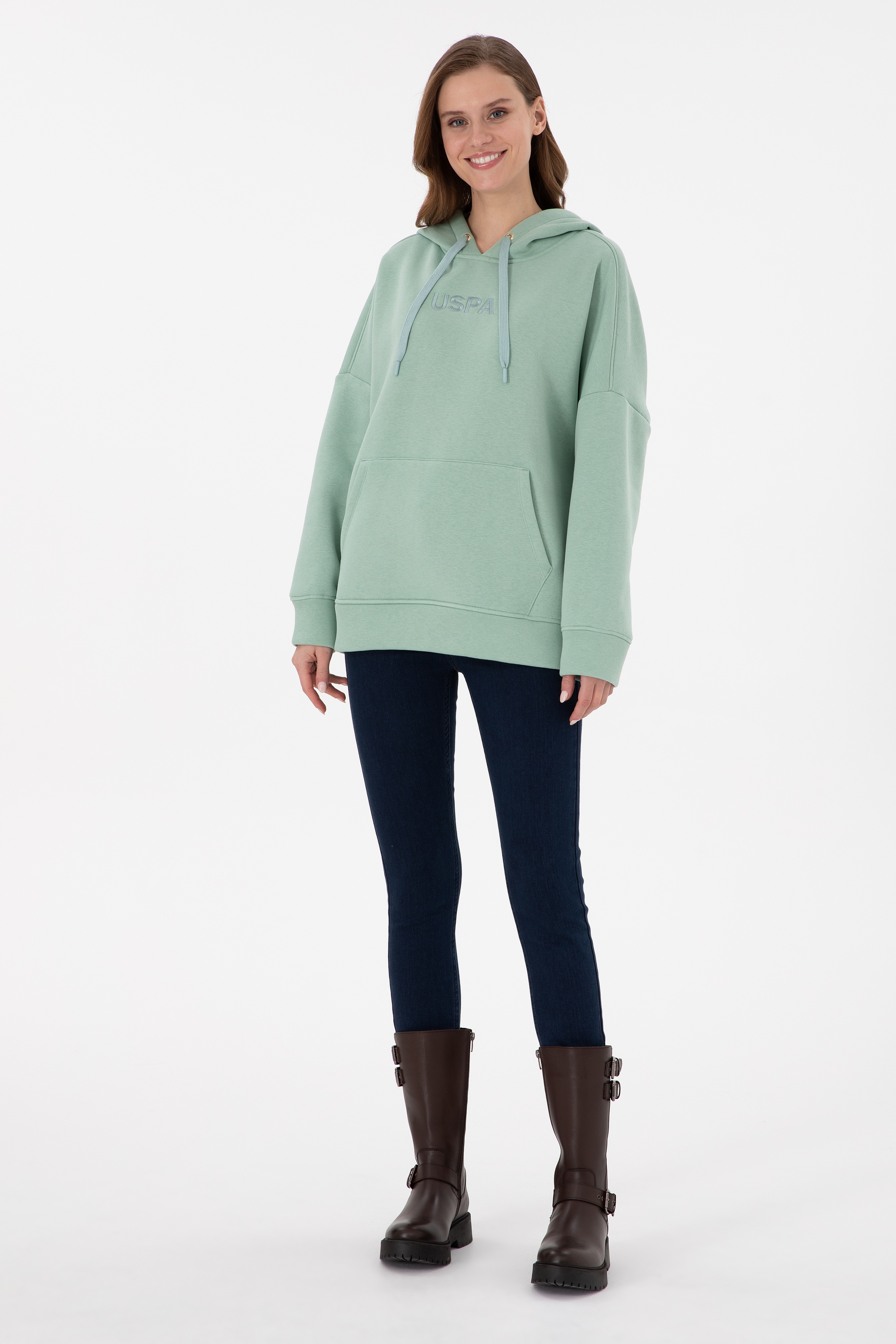 Kadın Su Yeşili Kapüşonlu Sweatshirt - Image 4