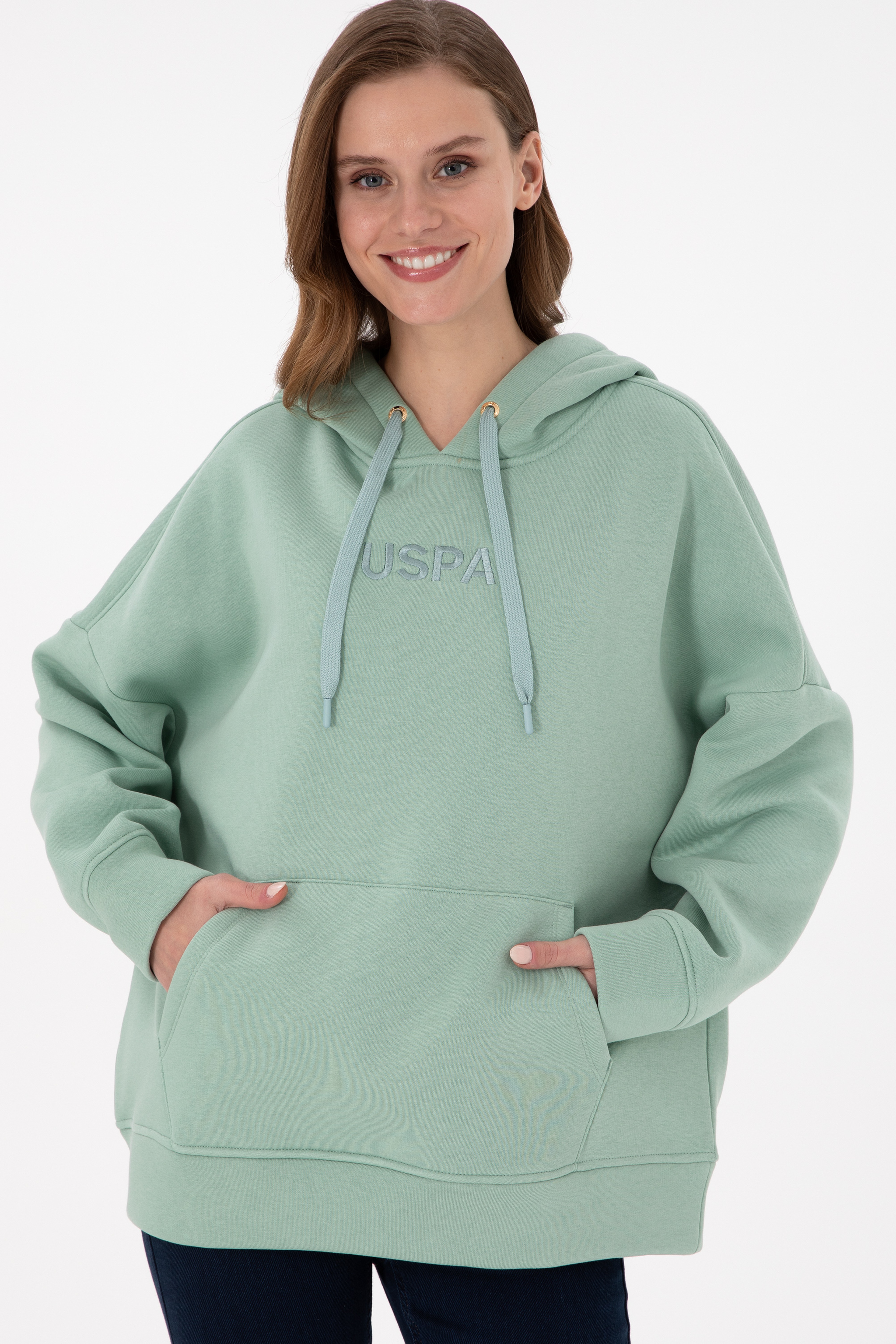 Kadın Su Yeşili Kapüşonlu Sweatshirt - Image 3