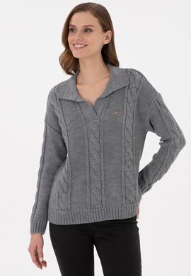 Kadın Gri Melanj Polo Yaka  Kazak - 50291574013