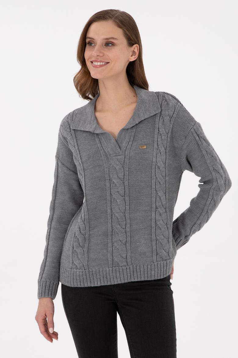 Kadın Gri Melanj Polo Yaka  Kazak