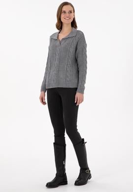 Kadın Gri Melanj Polo Yaka  Kazak - 50291574013