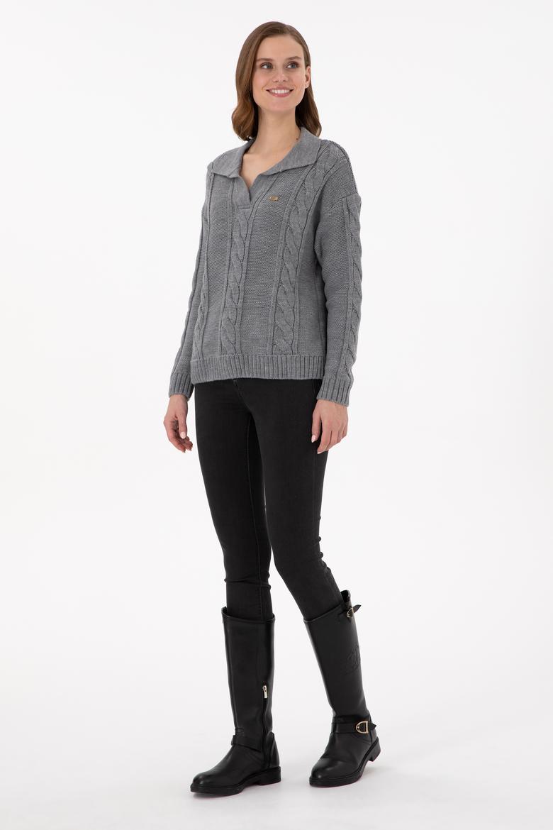 Kadın Gri Melanj Polo Yaka  Kazak - 50291574013