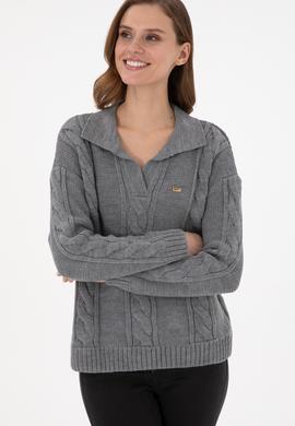 Kadın Gri Melanj Polo Yaka  Kazak - 50291574013