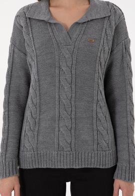 Kadın Gri Melanj Polo Yaka  Kazak - 50291574013