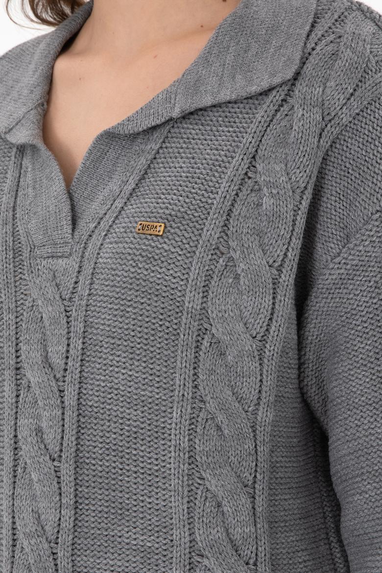 Kadın Gri Melanj Polo Yaka  Kazak - 50291574013