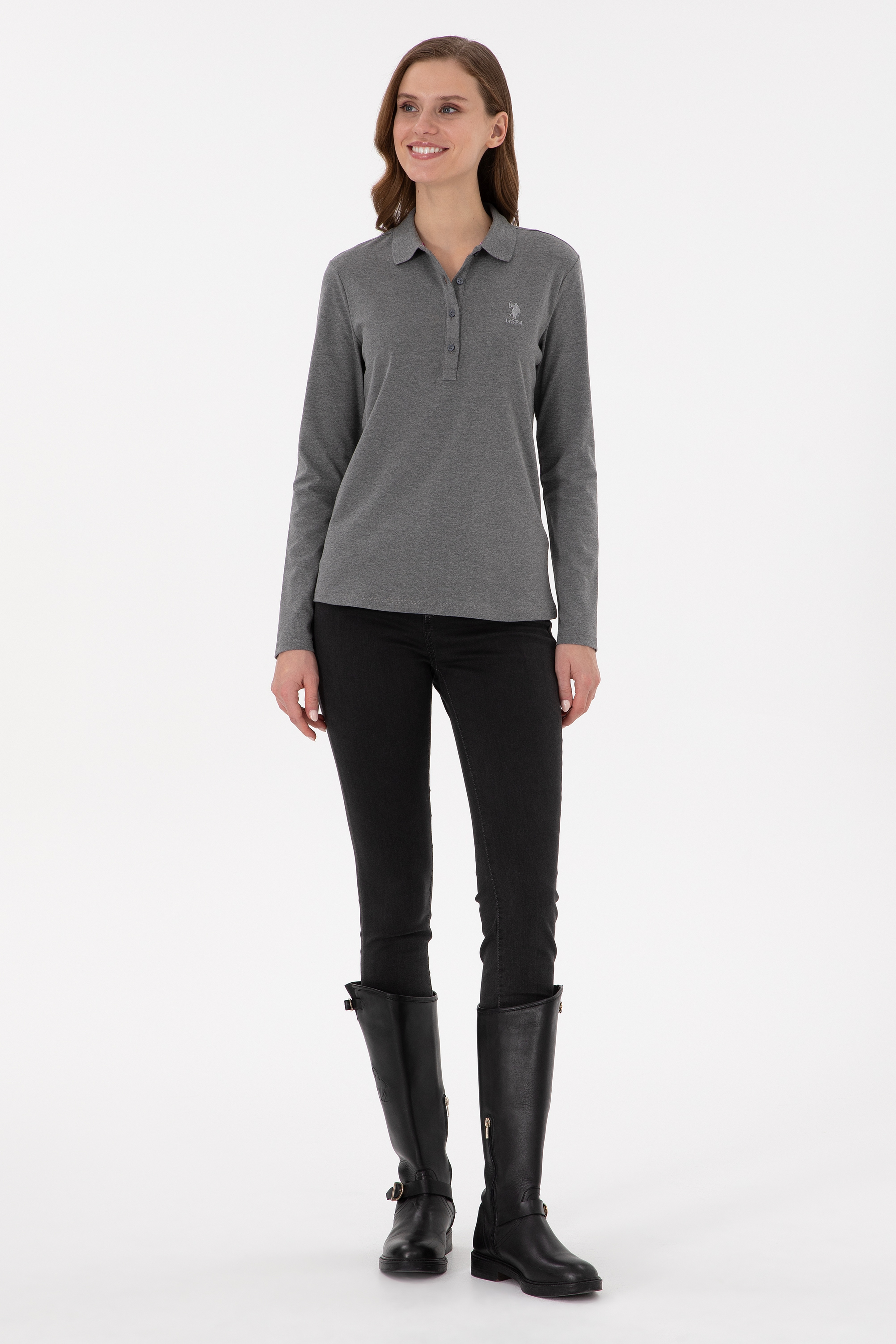 Kadın Antrasit Melanj Basic Polo Yaka Sweatshirt - Image 4