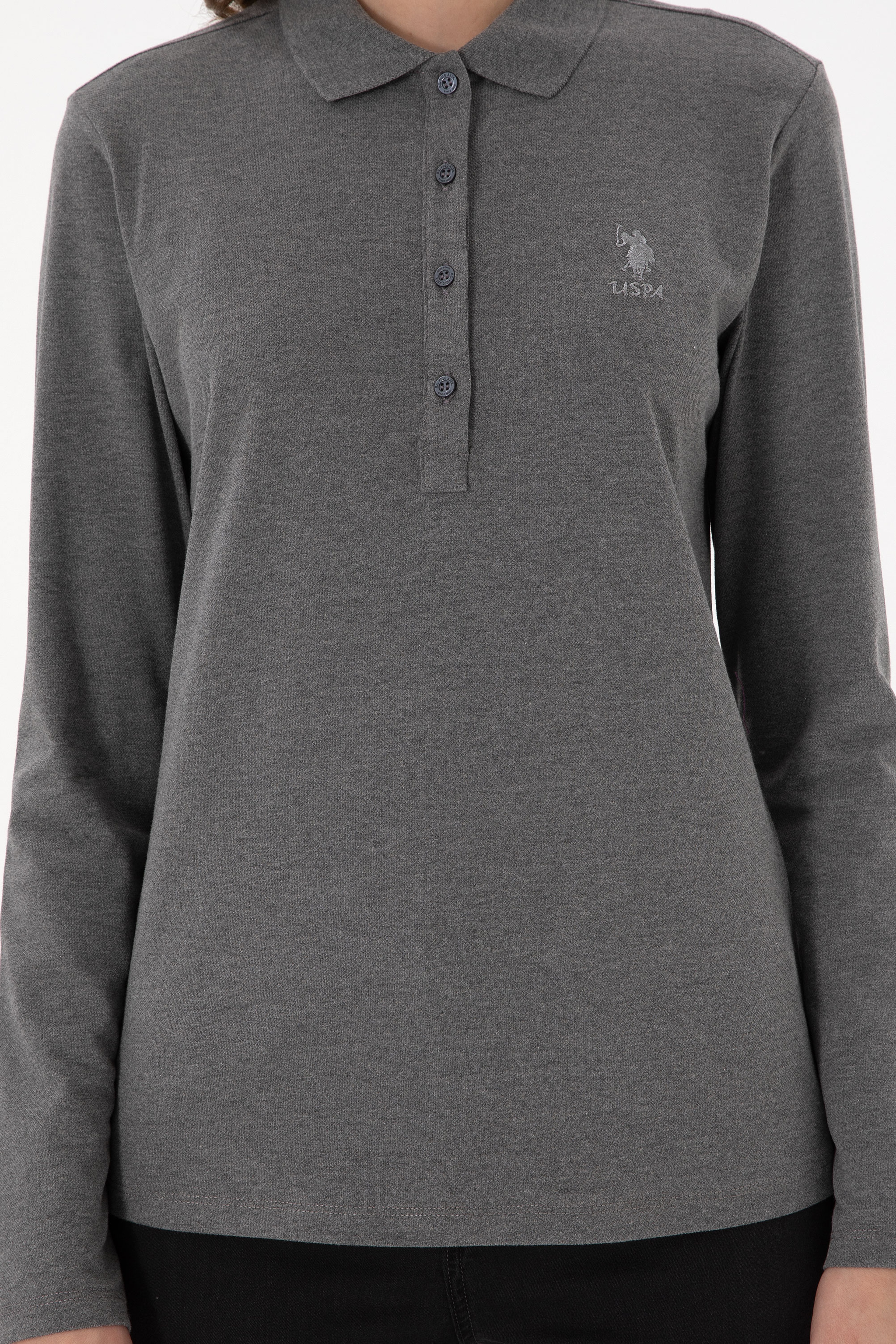 Kadın Antrasit Melanj Basic Polo Yaka Sweatshirt