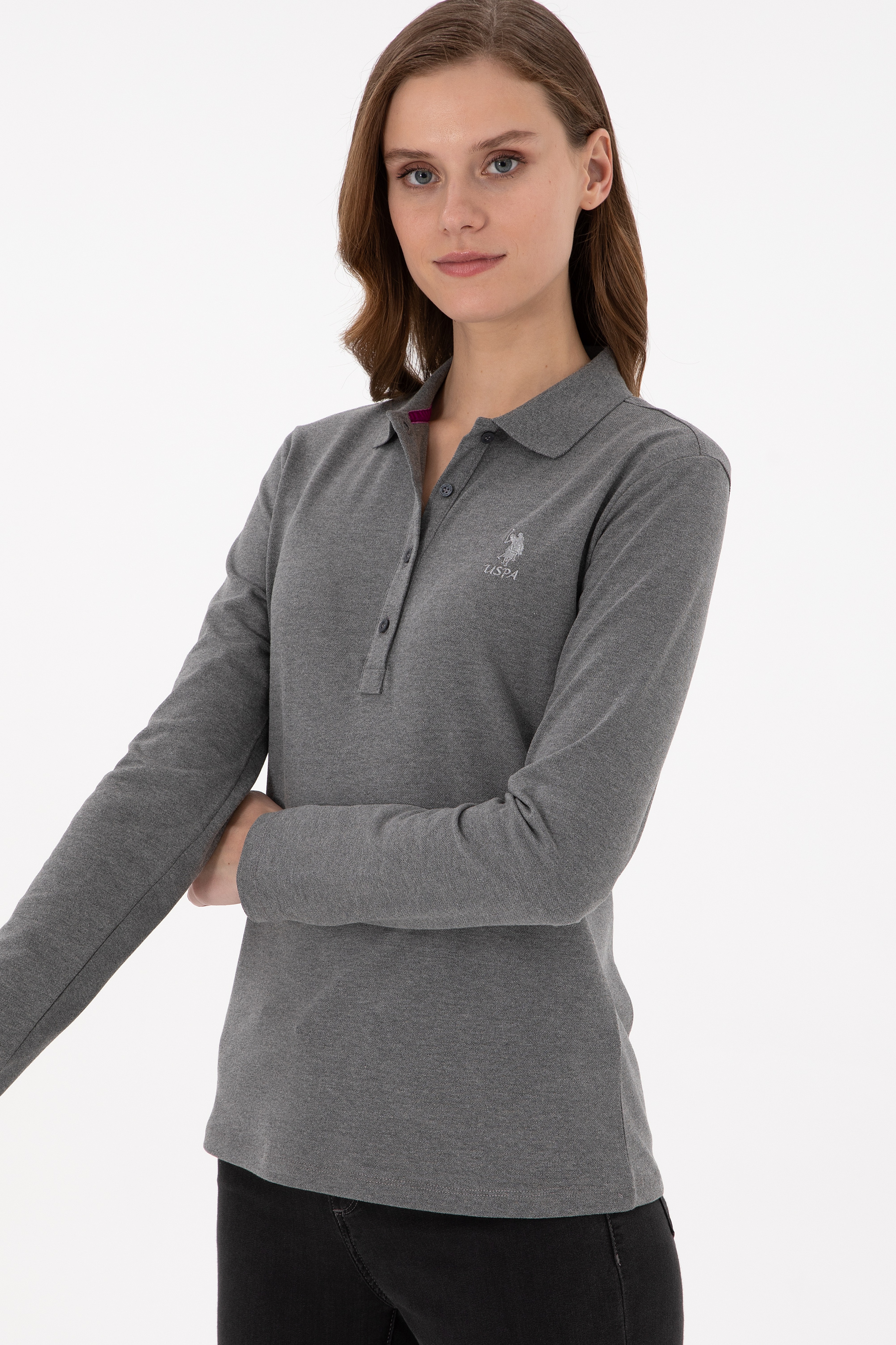 Kadın Antrasit Melanj Basic Polo Yaka Sweatshirt - Image 3