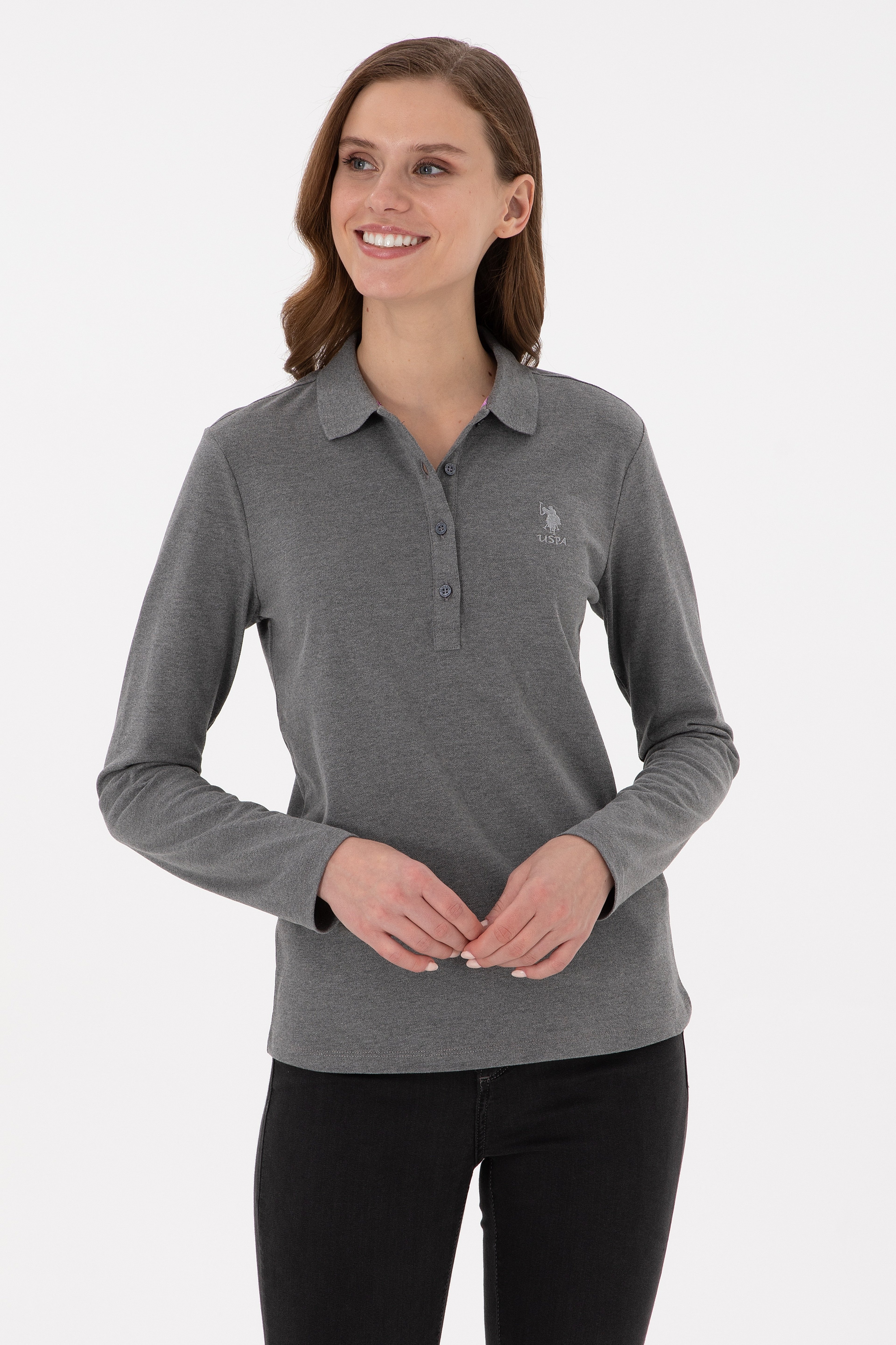 Kadın Antrasit Melanj Basic Polo Yaka Sweatshirt - Image 1