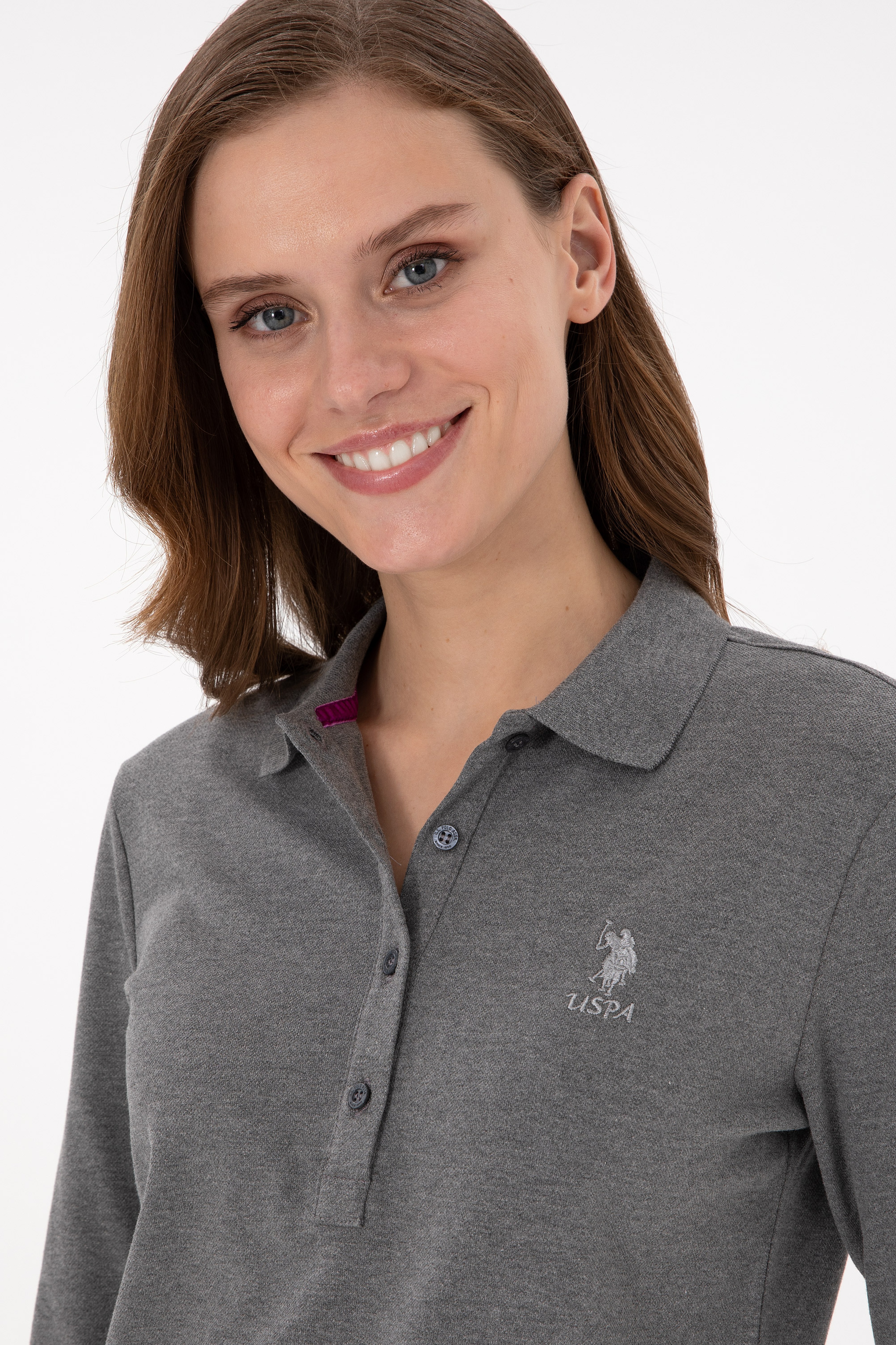 Kadın Antrasit Melanj Basic Polo Yaka Sweatshirt - Image 2