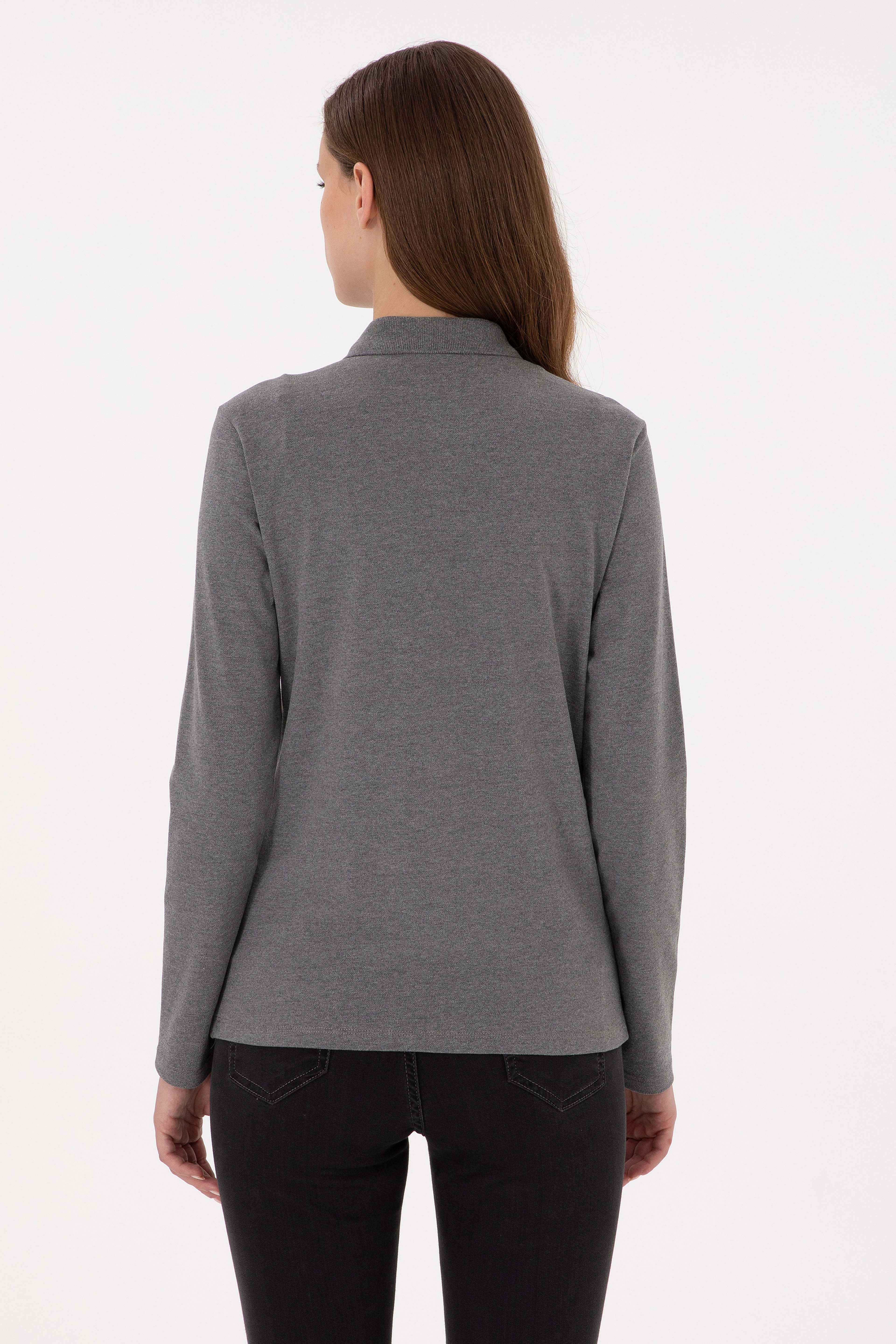 Kadın Antrasit Melanj Basic Polo Yaka Sweatshirt - Image 5