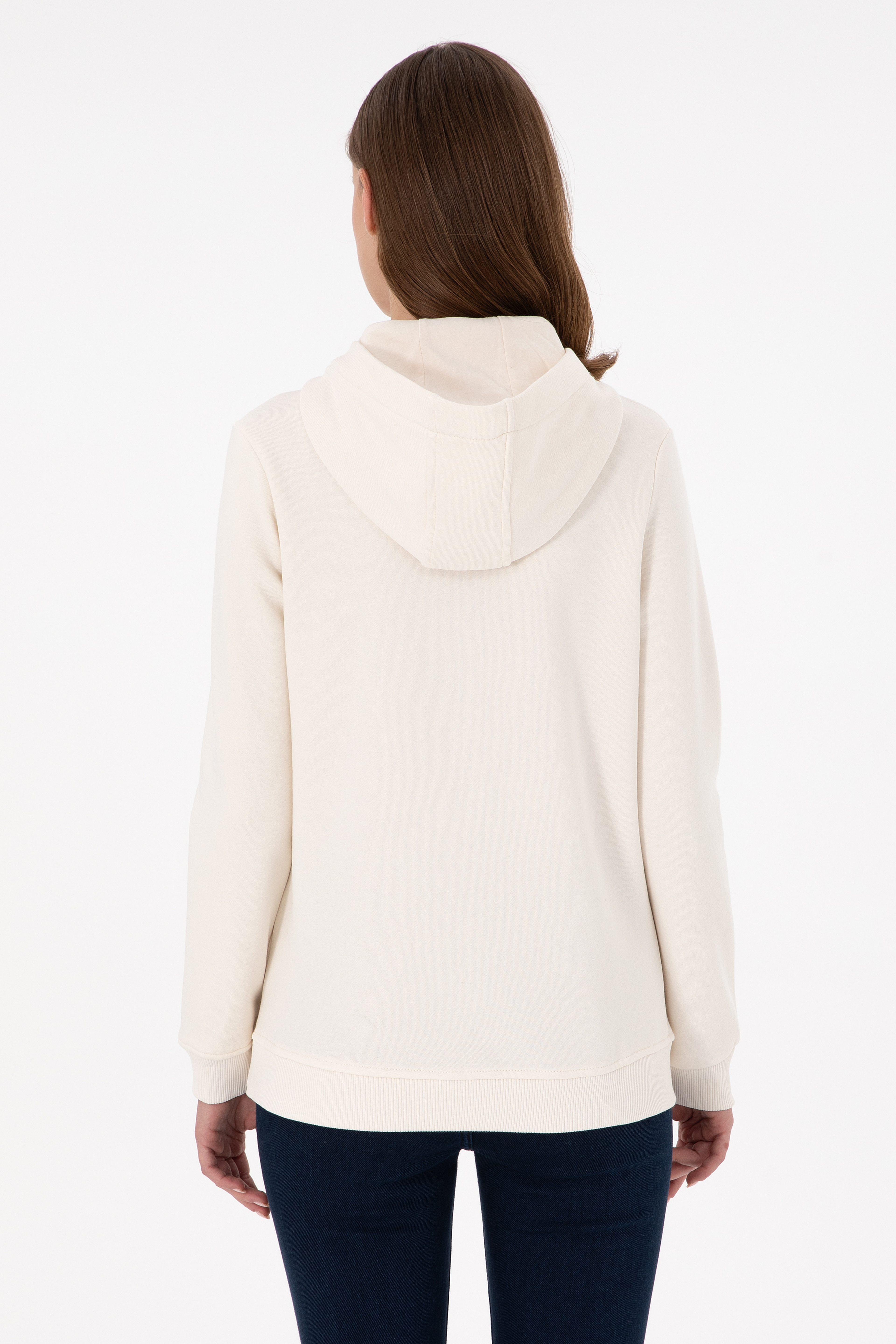 Kadın Krem Kapüşonlu Basic Sweatshırt - Image 5