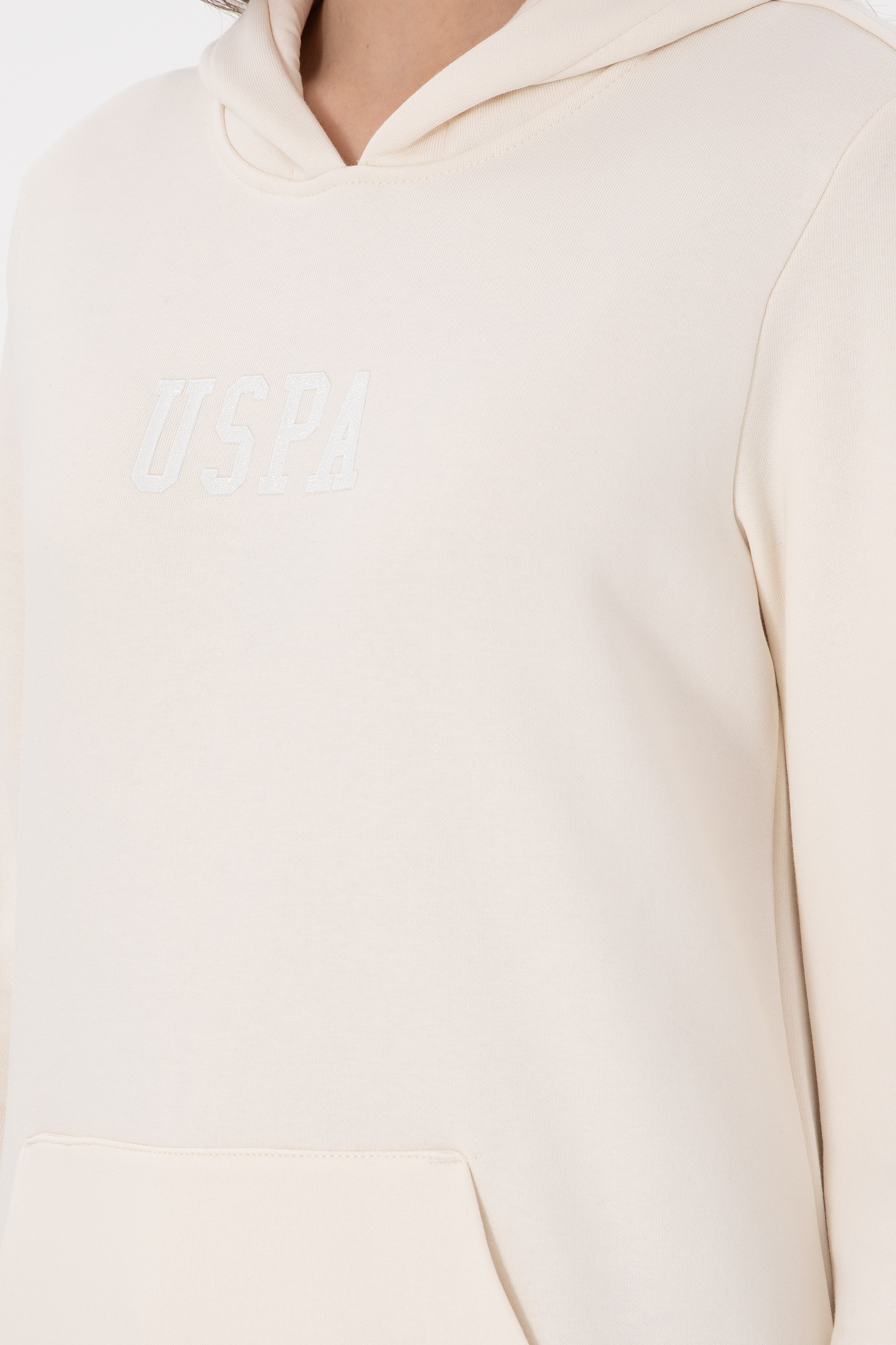 Kadın Krem Kapüşonlu Basic Sweatshırt - Image 7