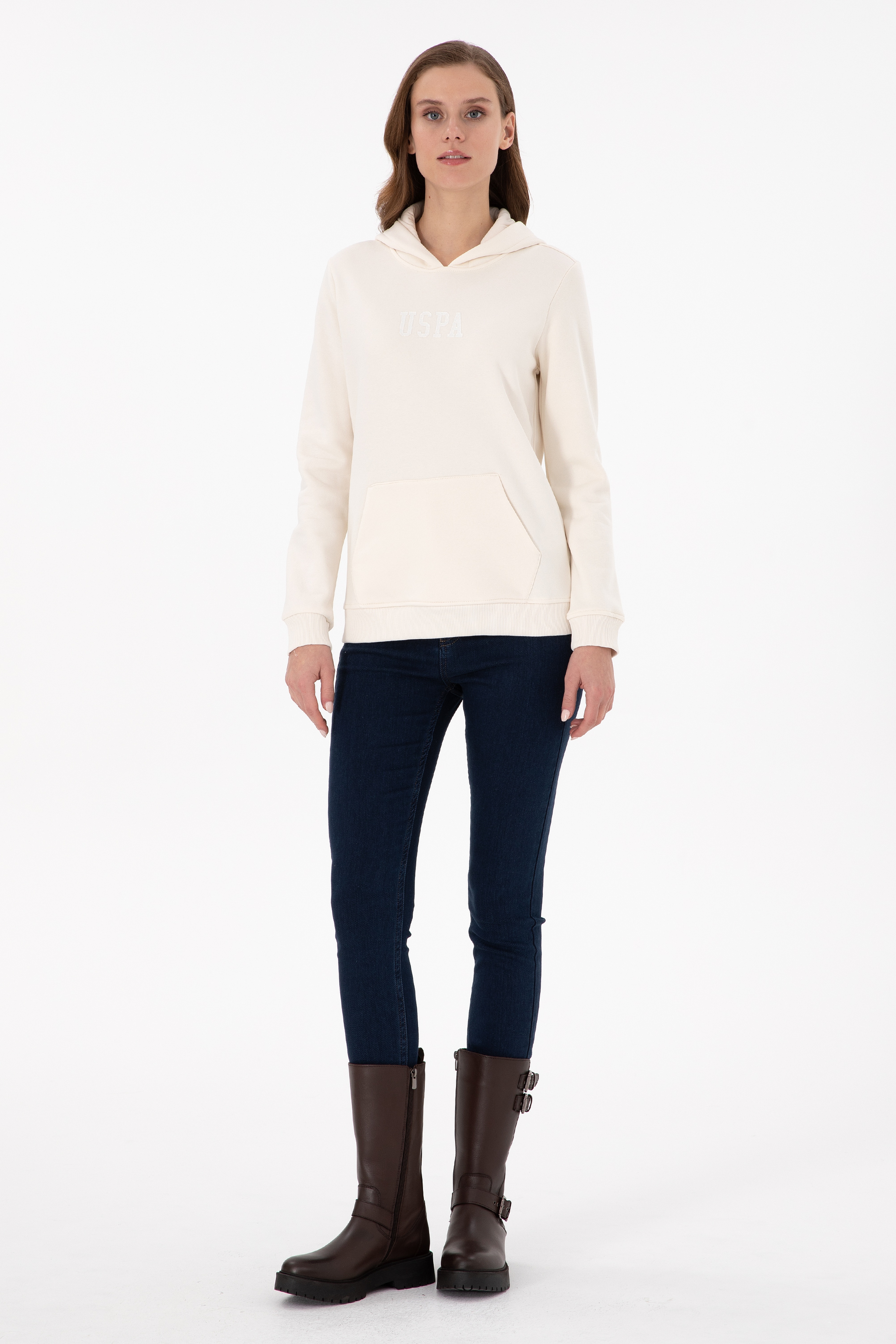 Kadın Krem Kapüşonlu Basic Sweatshırt
