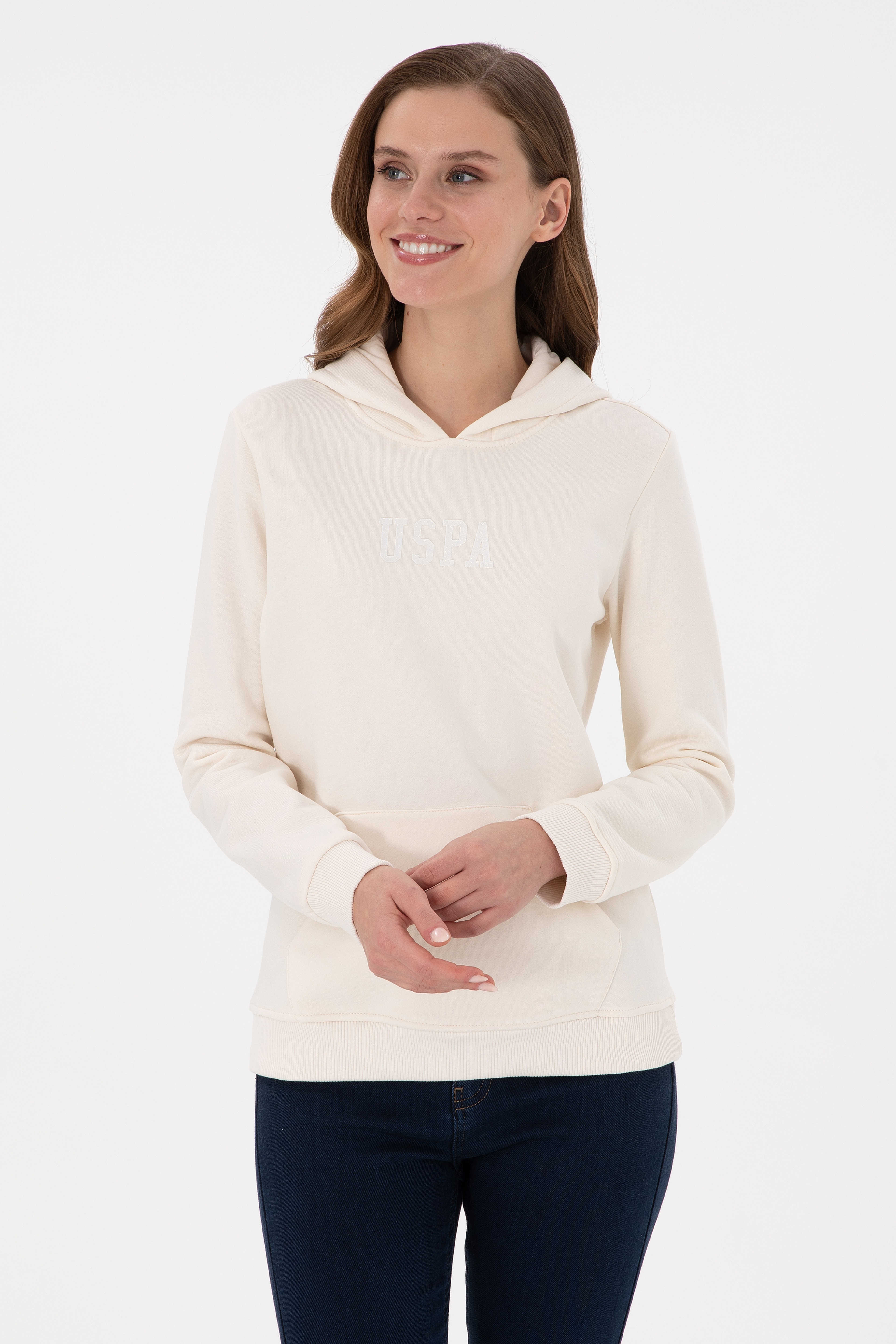 Kadın Krem Kapüşonlu Basic Sweatshırt - Image 1