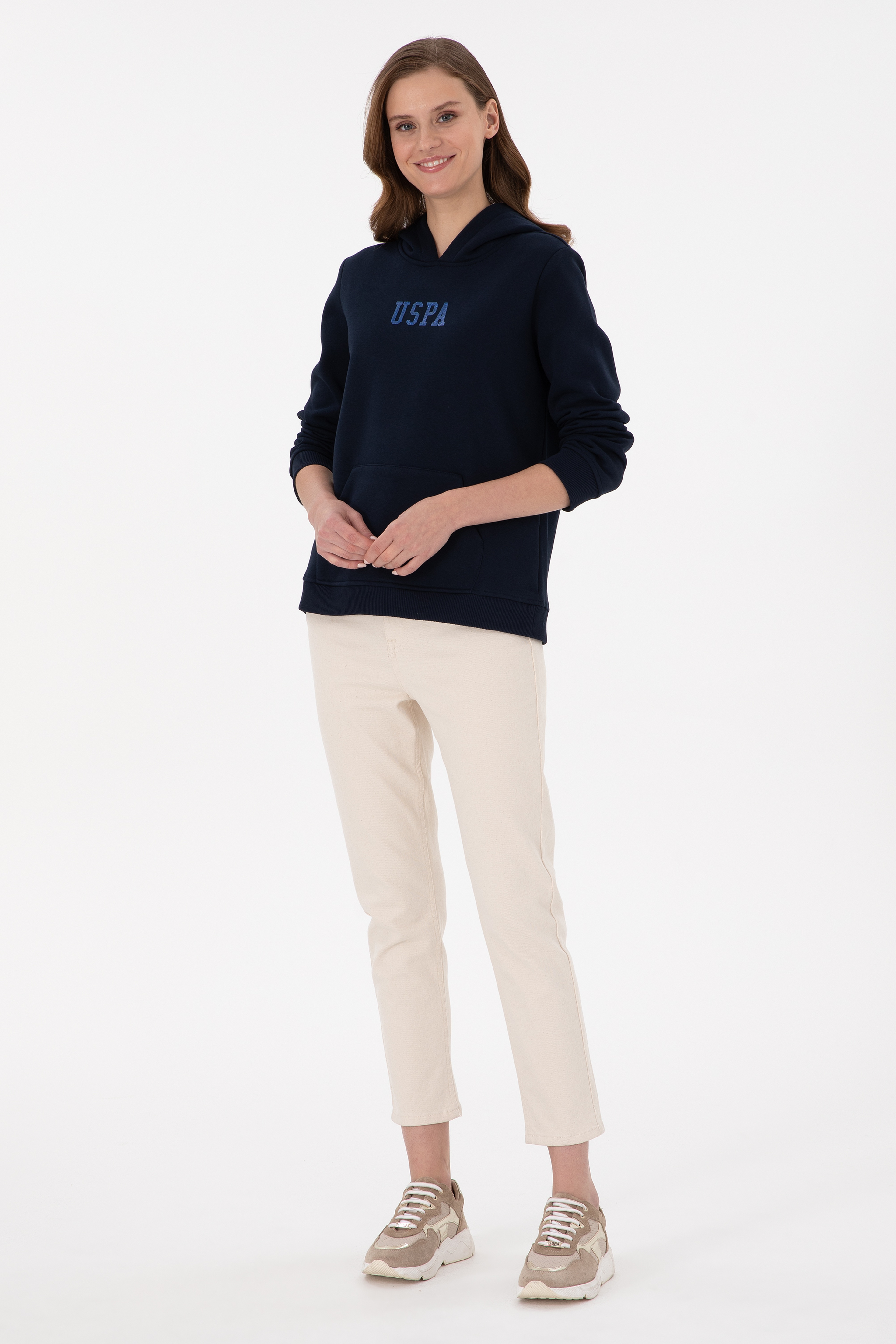 Kadın Lacivert Basic Kapüşonlu Sweatshirt - Image 4