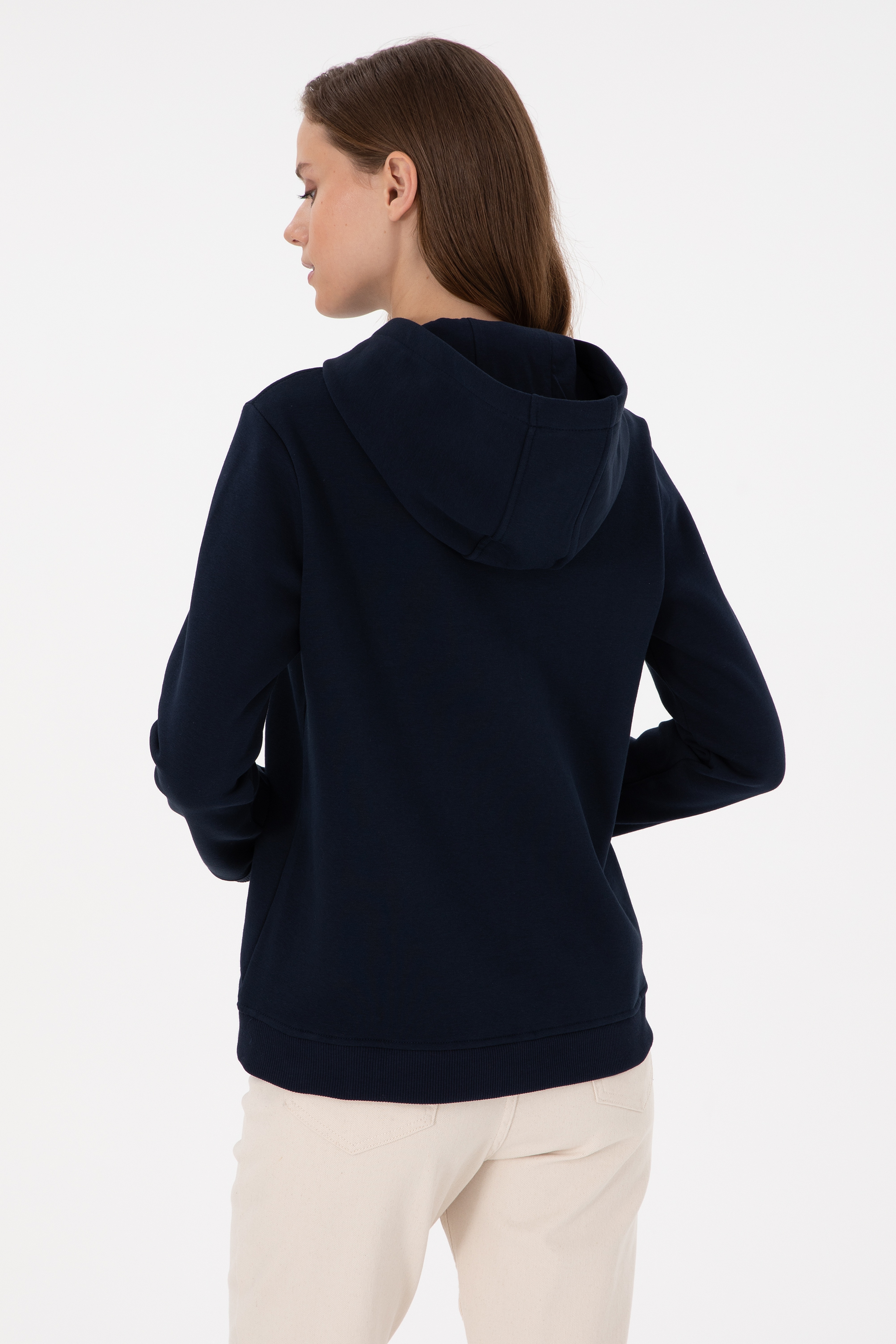 Kadın Lacivert Basic Kapüşonlu Sweatshirt - Image 5