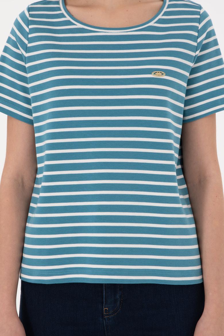 Kadın Petrol Çizgili Bisiklet Yaka Tişört - 50271569002