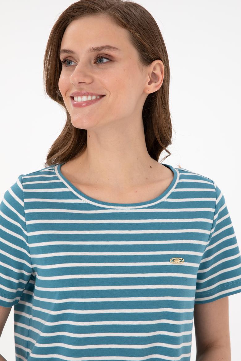 Kadın Petrol Çizgili Bisiklet Yaka Tişört - 50271569002