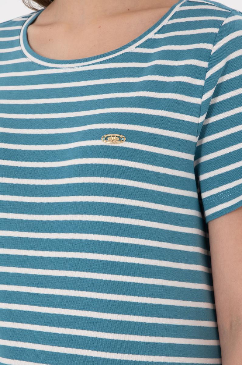 Kadın Petrol Çizgili Bisiklet Yaka Tişört