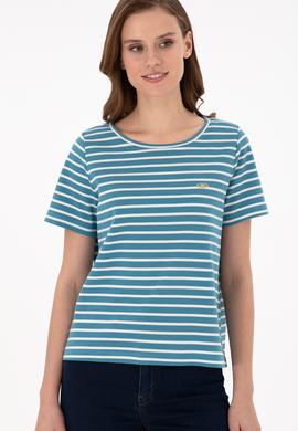 Kadın Petrol Çizgili Bisiklet Yaka Tişört - 50271569002