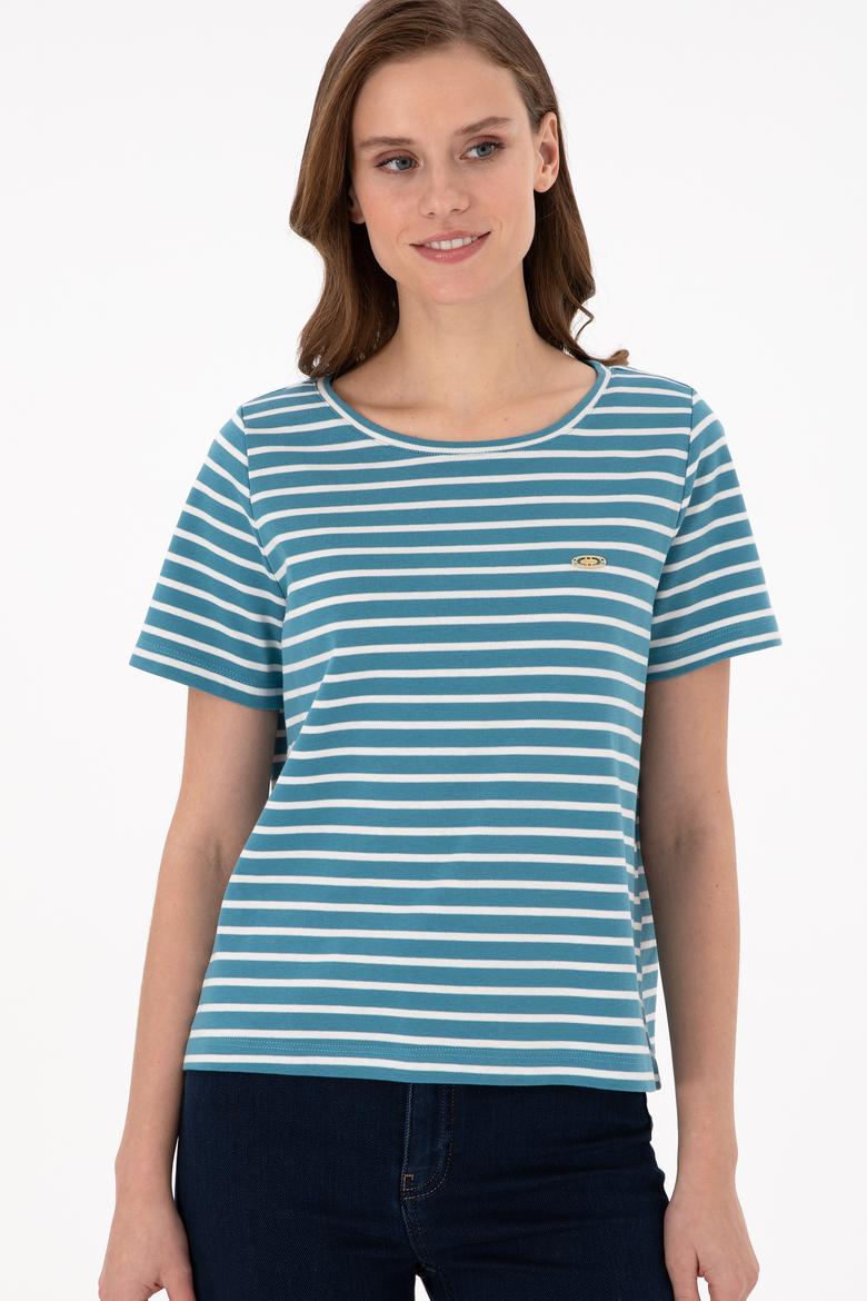 Kadın Petrol Çizgili Bisiklet Yaka Tişört - 50271569002