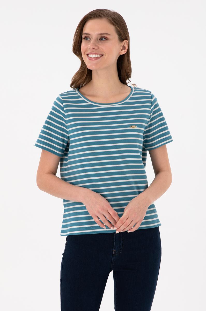 Kadın Petrol Çizgili Bisiklet Yaka Tişört