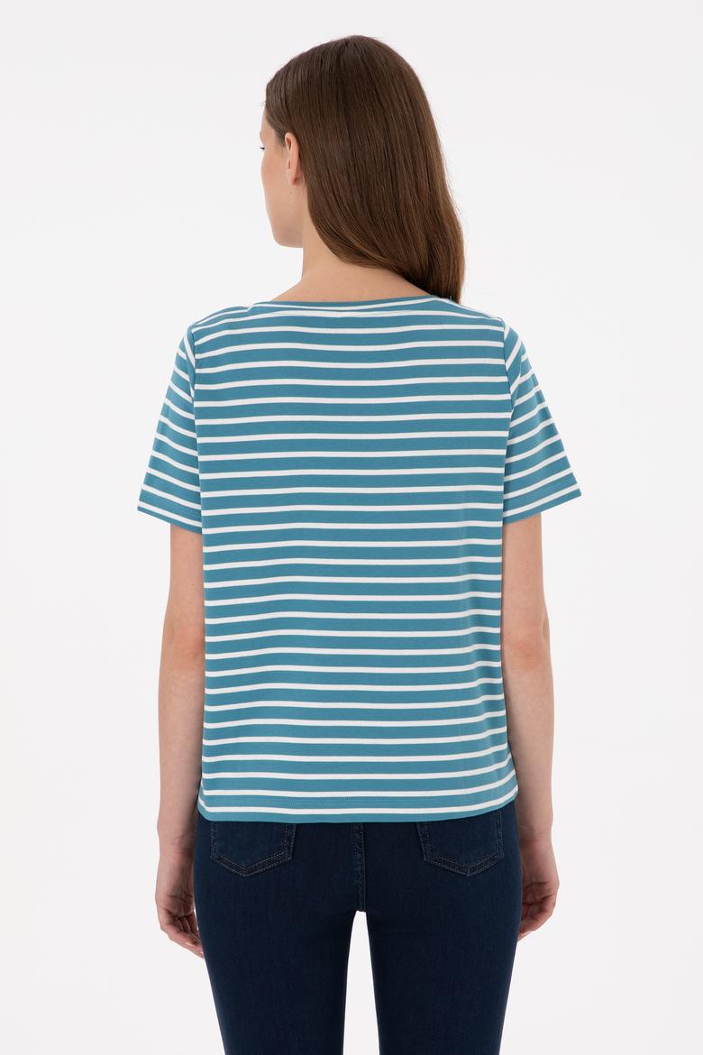Kadın Petrol Çizgili Bisiklet Yaka Tişört - 50271569002